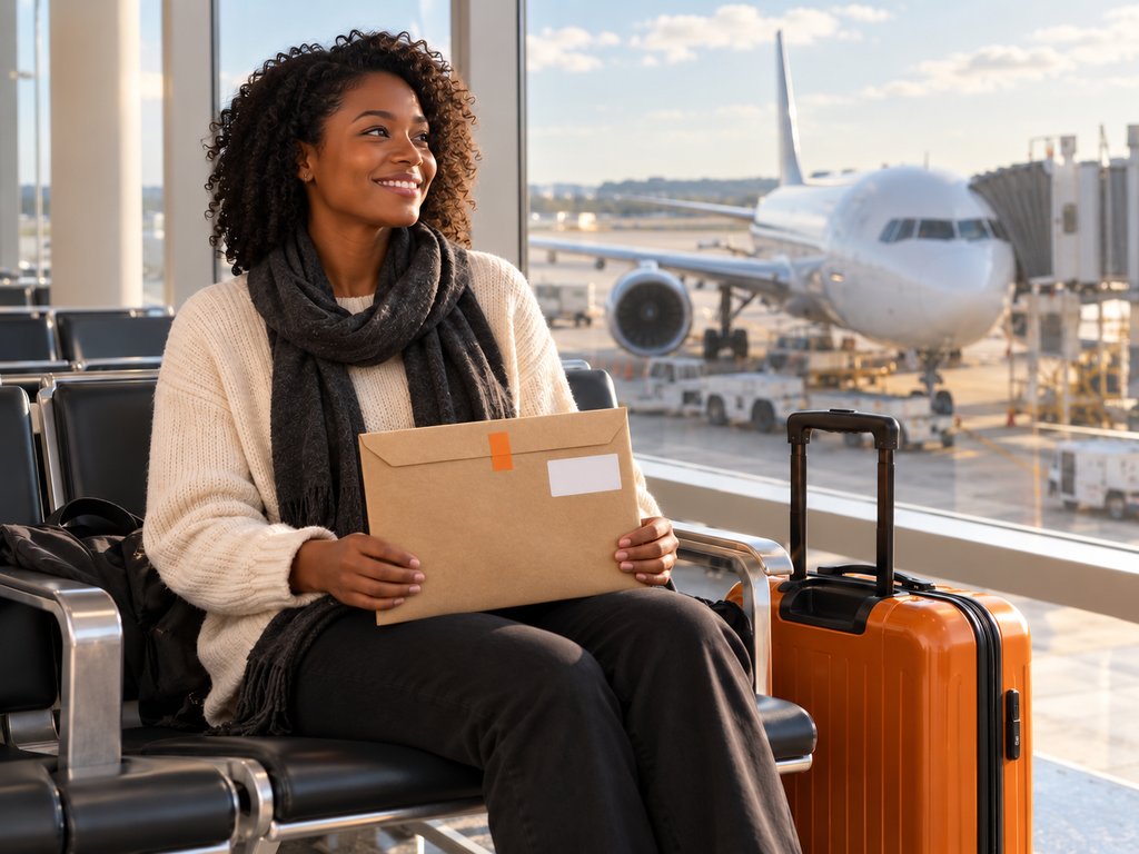 A traveler at the airport gate carrying a parcel