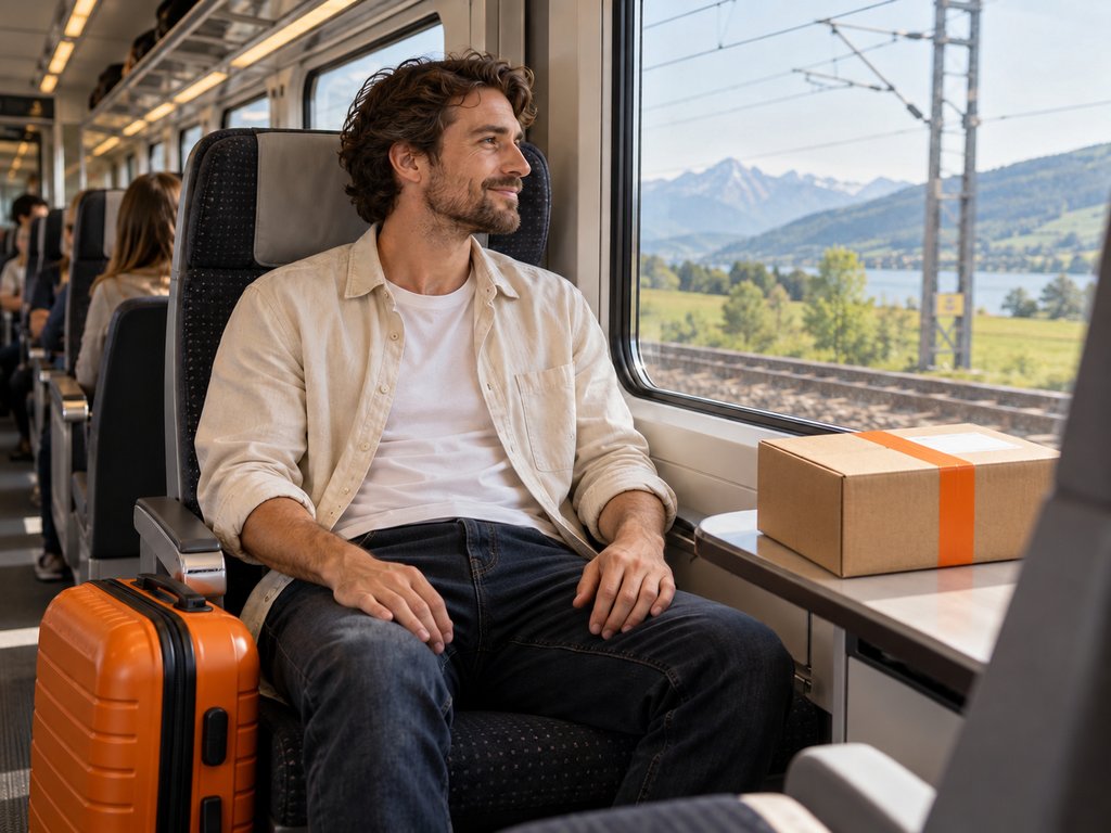 A traveler on a train with a parcel on the window table